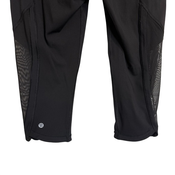 Lululemon Black Mesh Panel Crop Leggings High Rise Yoga Pants Side Zip Pocket - Picture 8 of 11